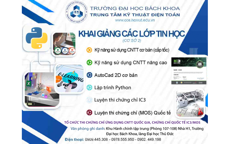 LỊCH KHAI GIẢNG CÁC LỚP TIN HỌC (Cơ Sở 2)